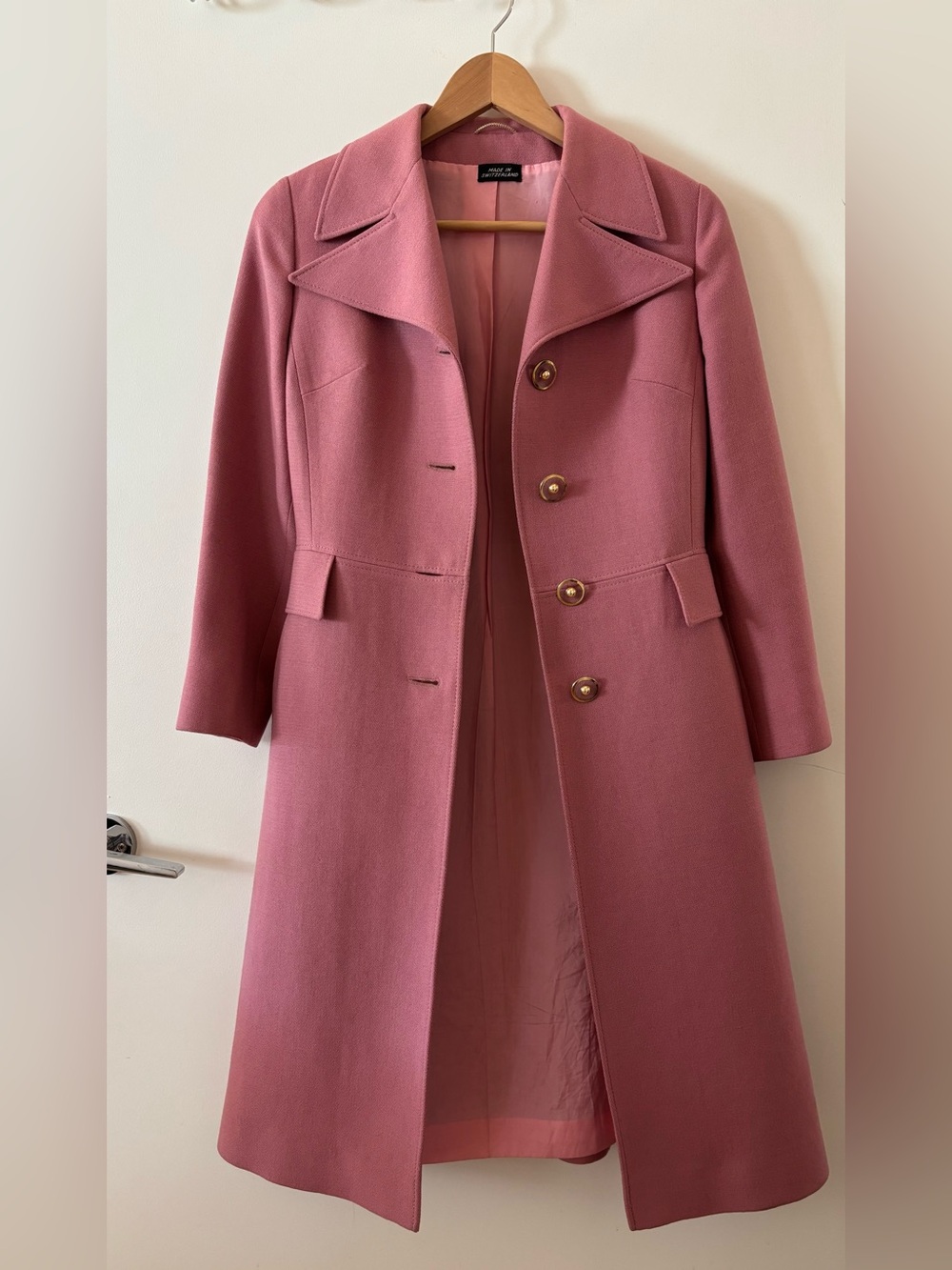 Vintage Swiss Made Dusty Rose Pink Tailored Mod Coat Gold Buttons